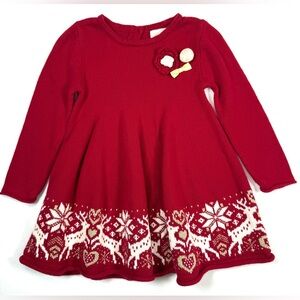 POLLY FLINDERS Girls Red Fair Isle Reindeer Sweater Dress 2T Knit Christmas Cozy
